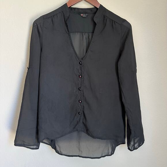 Vintage Guess 90s Sheer Black Top Button Up Roll Tab Sleeve Y2K 2000s USA Made - Picture 1 of 10